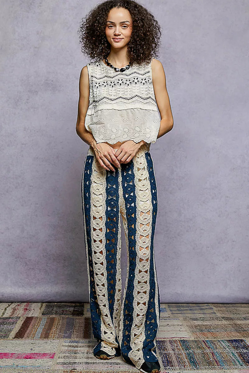 POL Openwork Wide Leg Pants with Stripe Detail free shipping -Oh Em Gee Boutique