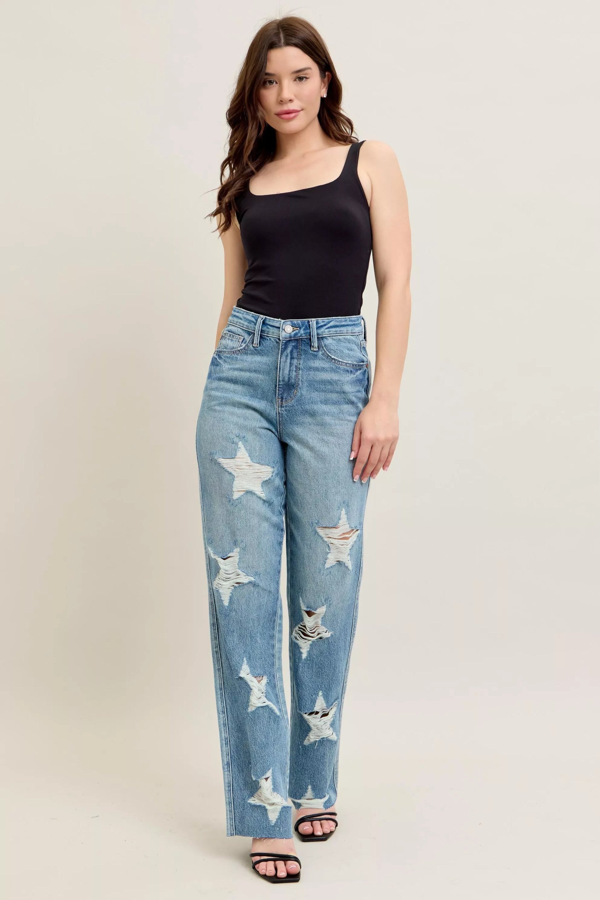 Judy Blue Full Size High Waist  Rigid Magic Star Shaped Destroy 90's Straight Jeans Plus Size free shipping -Oh Em Gee Boutique