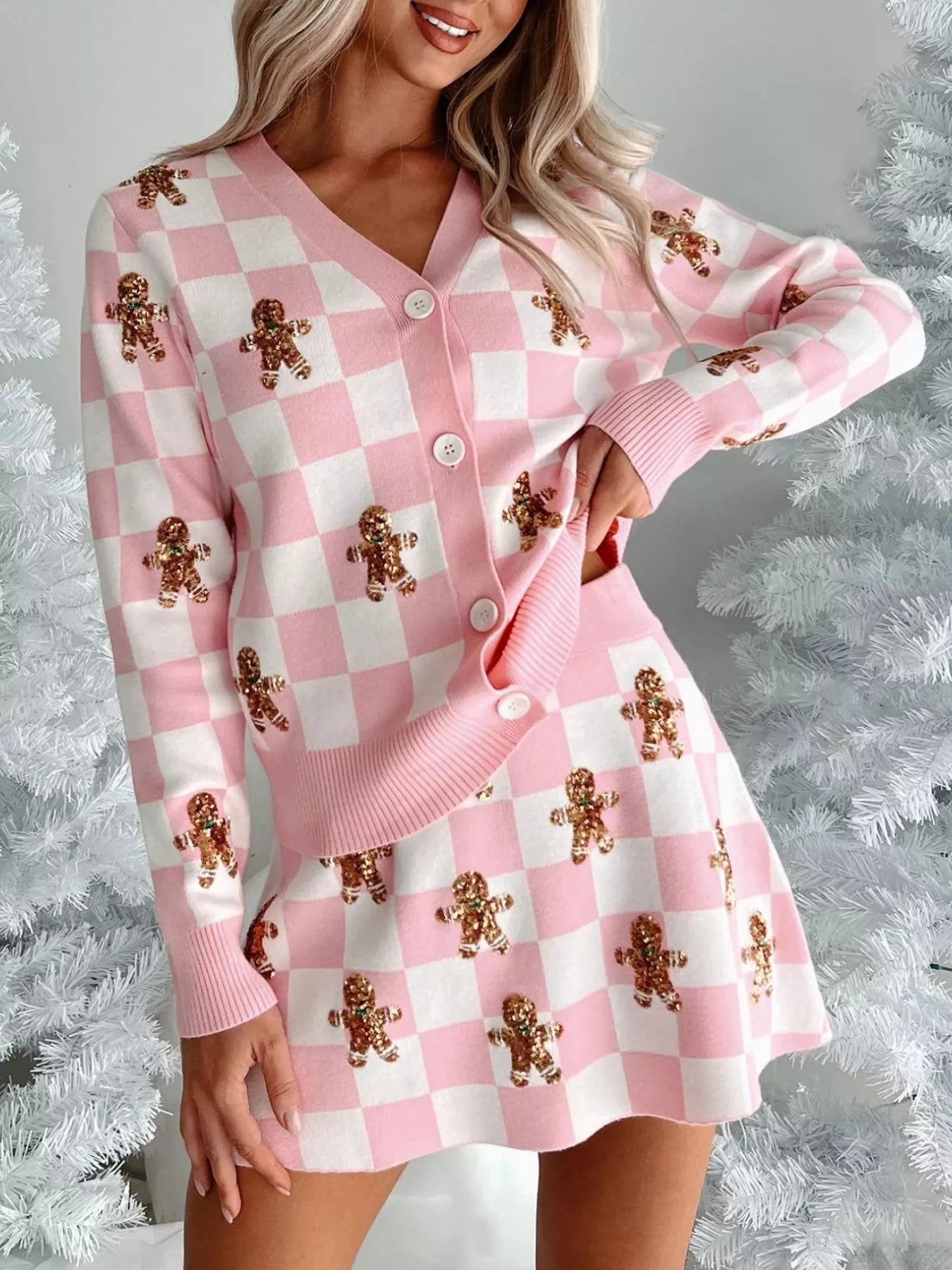 Gingerbread Checkered Cardigan and Skirt Sweater Set free shipping -Oh Em Gee Boutique