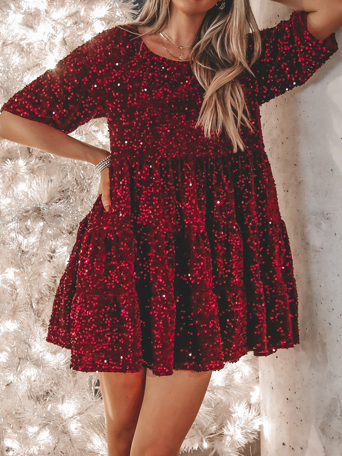 Full Size Sequin Round Neck Half Sleeve Mini Dress free shipping -Oh Em Gee Boutique