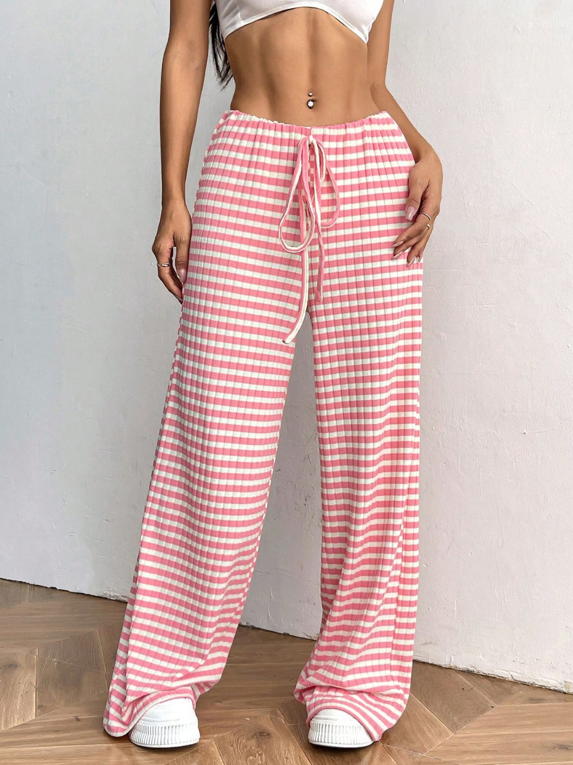 Tied Striped Wide Leg Pants free shipping -Oh Em Gee Boutique