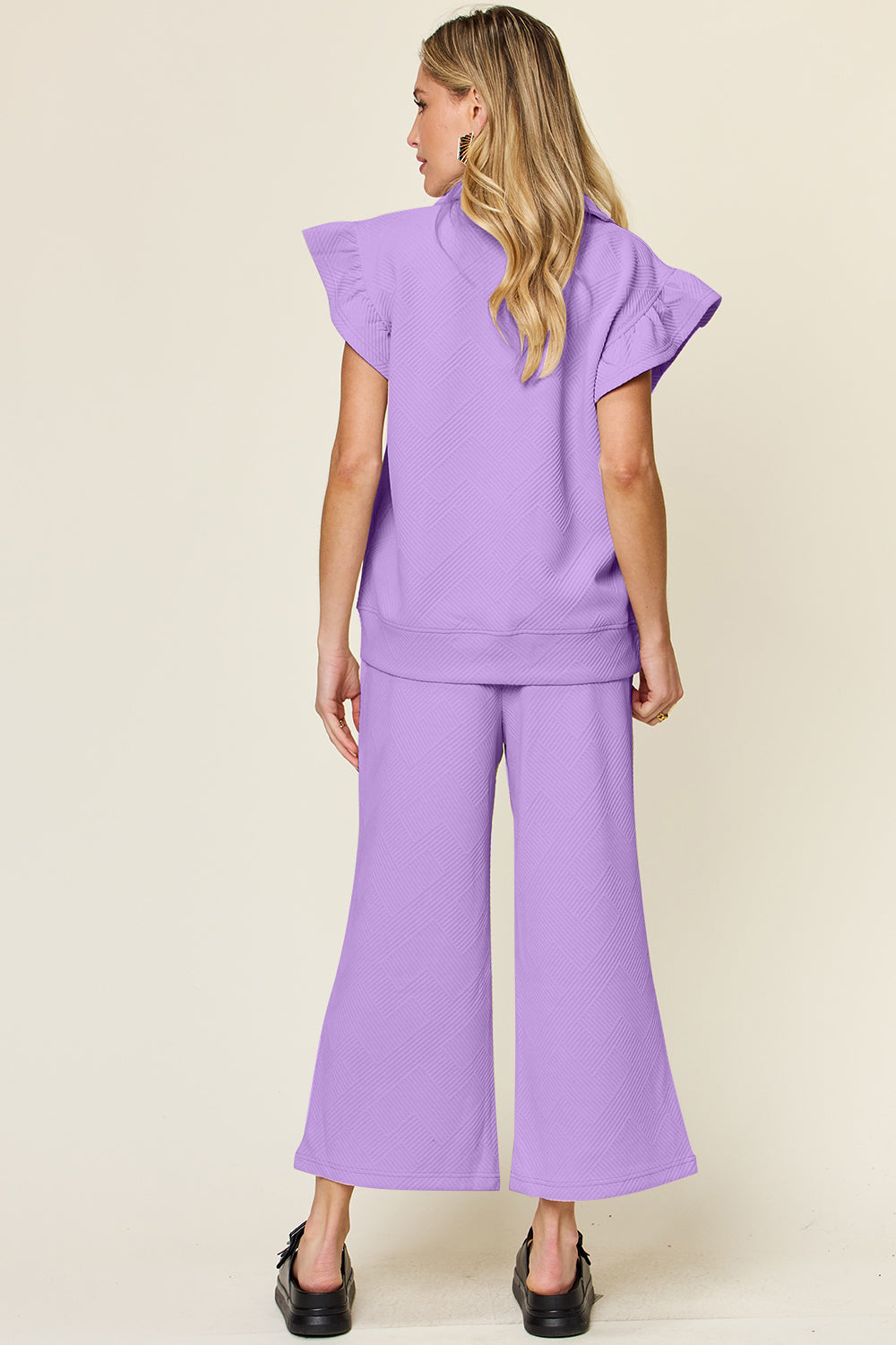 Double Take Texture Ruffle Short Sleeve Top and Drawstring Wide Leg Pants Set free shipping -Oh Em Gee Boutique