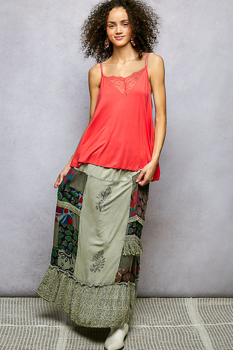 POL Printed Patchwork Embroidered Ruffled Skirt free shipping -Oh Em Gee Boutique