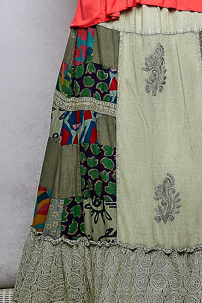 POL Printed Patchwork Embroidered Ruffled Skirt free shipping -Oh Em Gee Boutique