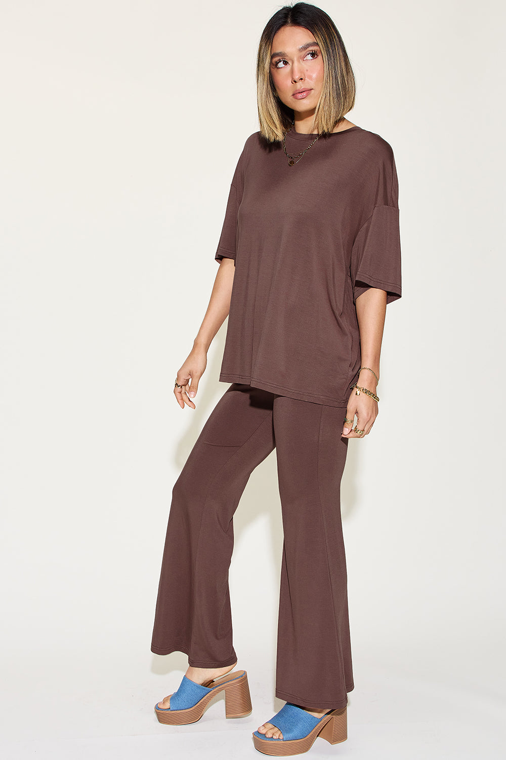 Basic Bae Full Size Bamboo Drop Shoulder T-Shirt and Flare Pants Set free shipping -Oh Em Gee Boutique