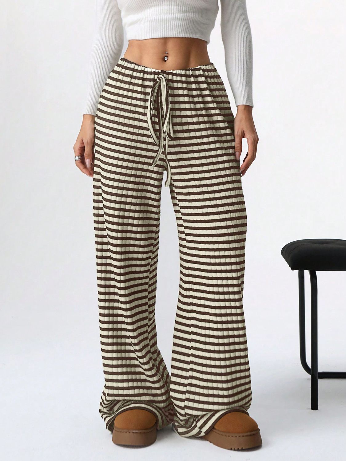 Tied Striped Wide Leg Pants free shipping -Oh Em Gee Boutique