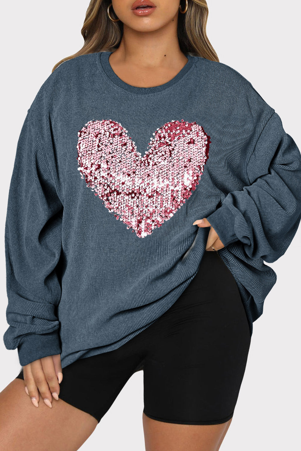 Plus Size Heart Sequin Round Neck Sweatshirt free shipping -Oh Em Gee Boutique