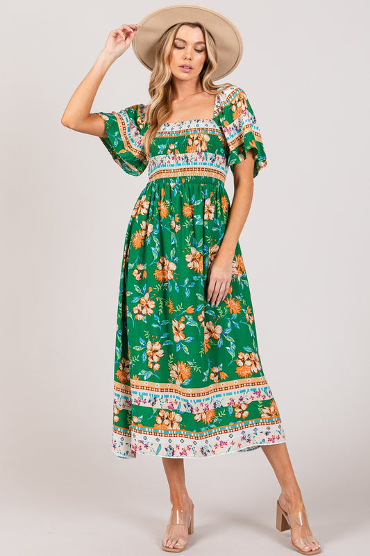 SAGE + FIG Printed Smocked Short Sleeve Midi Dress free shipping -Oh Em Gee Boutique