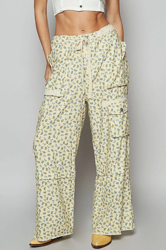 POL Floral Cargo Wide Leg Pants with Lace Drawstring free shipping -Oh Em Gee Boutique