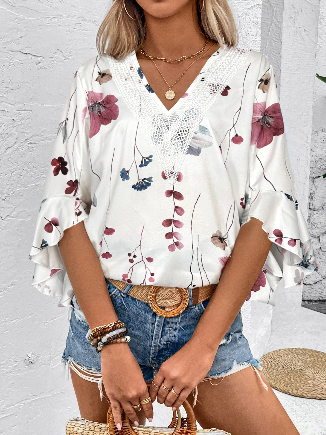 Ruffled Printed V-Neck Half Sleeve Blouse free shipping -Oh Em Gee Boutique