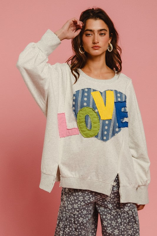 BiBi LOVE Heart Patch Slit French Terry Sweatshirt free shipping -Oh Em Gee Boutique