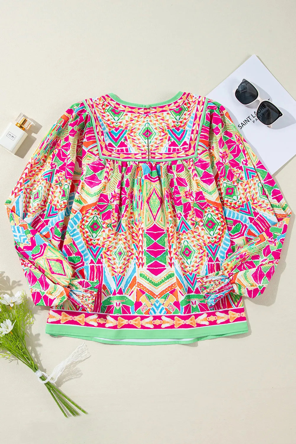 Geometric Printed Round Neck Long Sleeve Blouse free shipping -Oh Em Gee Boutique