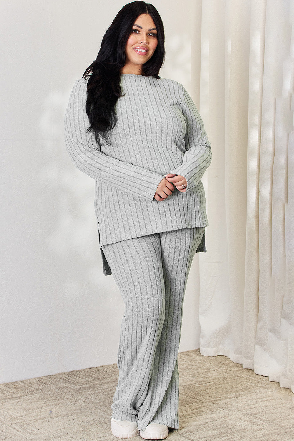 Basic Bae Full Size Ribbed High-Low Top and Wide Leg Pants Set free shipping -Oh Em Gee Boutique