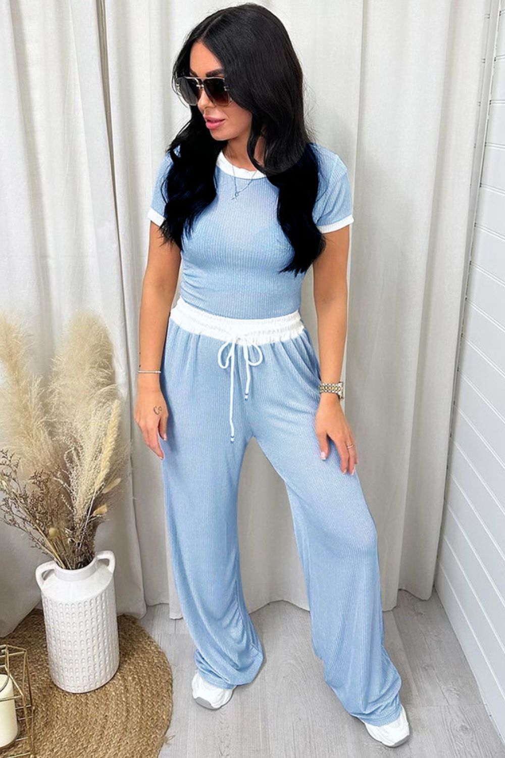 Contrast Trim Round Neck Top and Pants Set free shipping -Oh Em Gee Boutique