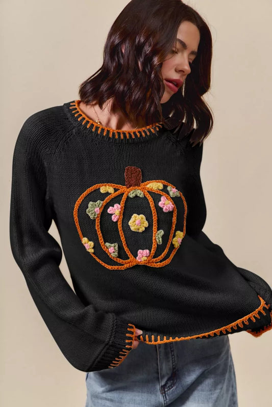 SO ME Pumpkin Floral Embroidered Sweater free shipping -Oh Em Gee Boutique
