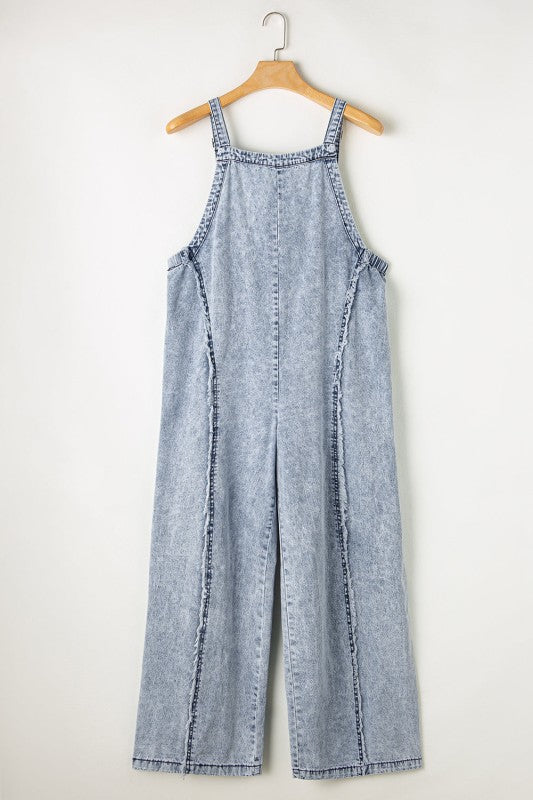 Denim Frayed Reverse Seam Wide Leg Overall free shipping -Oh Em Gee Boutique