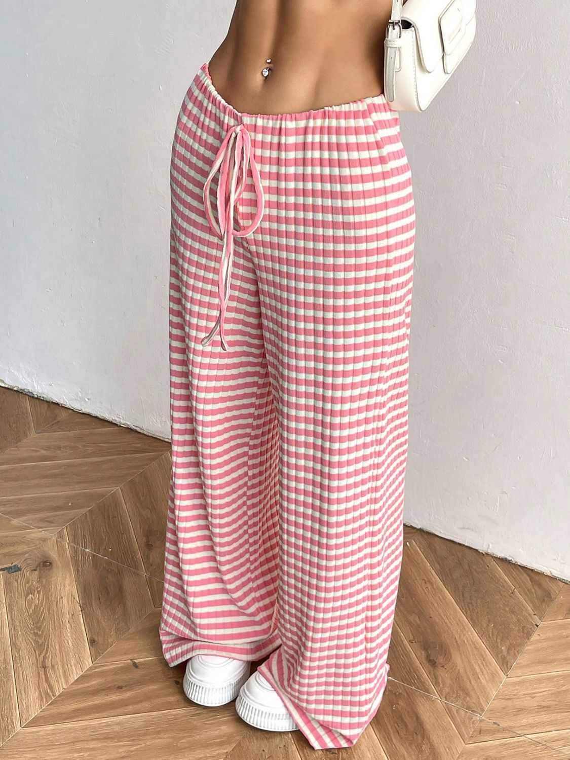 Tied Striped Wide Leg Pants free shipping -Oh Em Gee Boutique