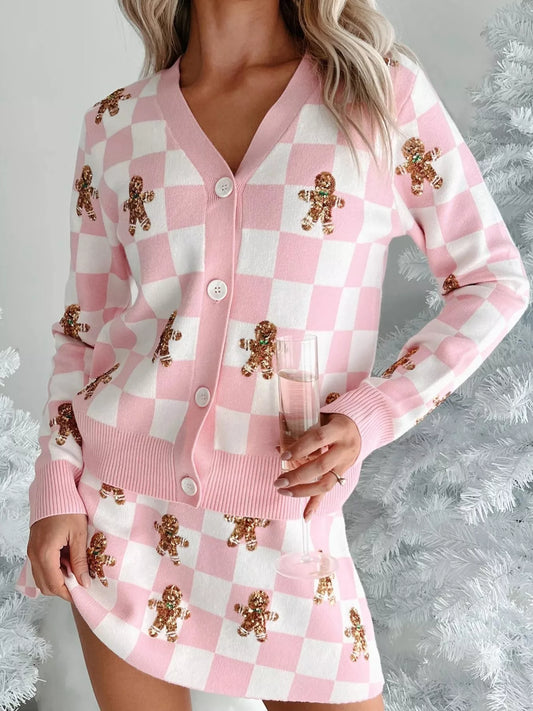 Gingerbread Checkered Cardigan and Skirt Sweater Set free shipping -Oh Em Gee Boutique