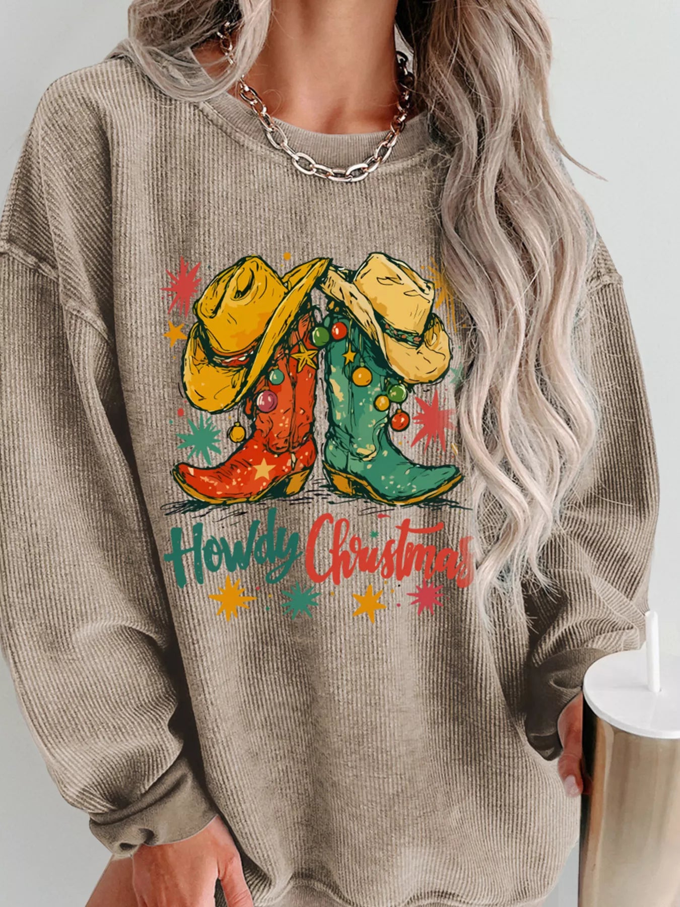 Howdy Christmas Cowboy Boots Graphic Corded Sweatshirt free shipping -Oh Em Gee Boutique
