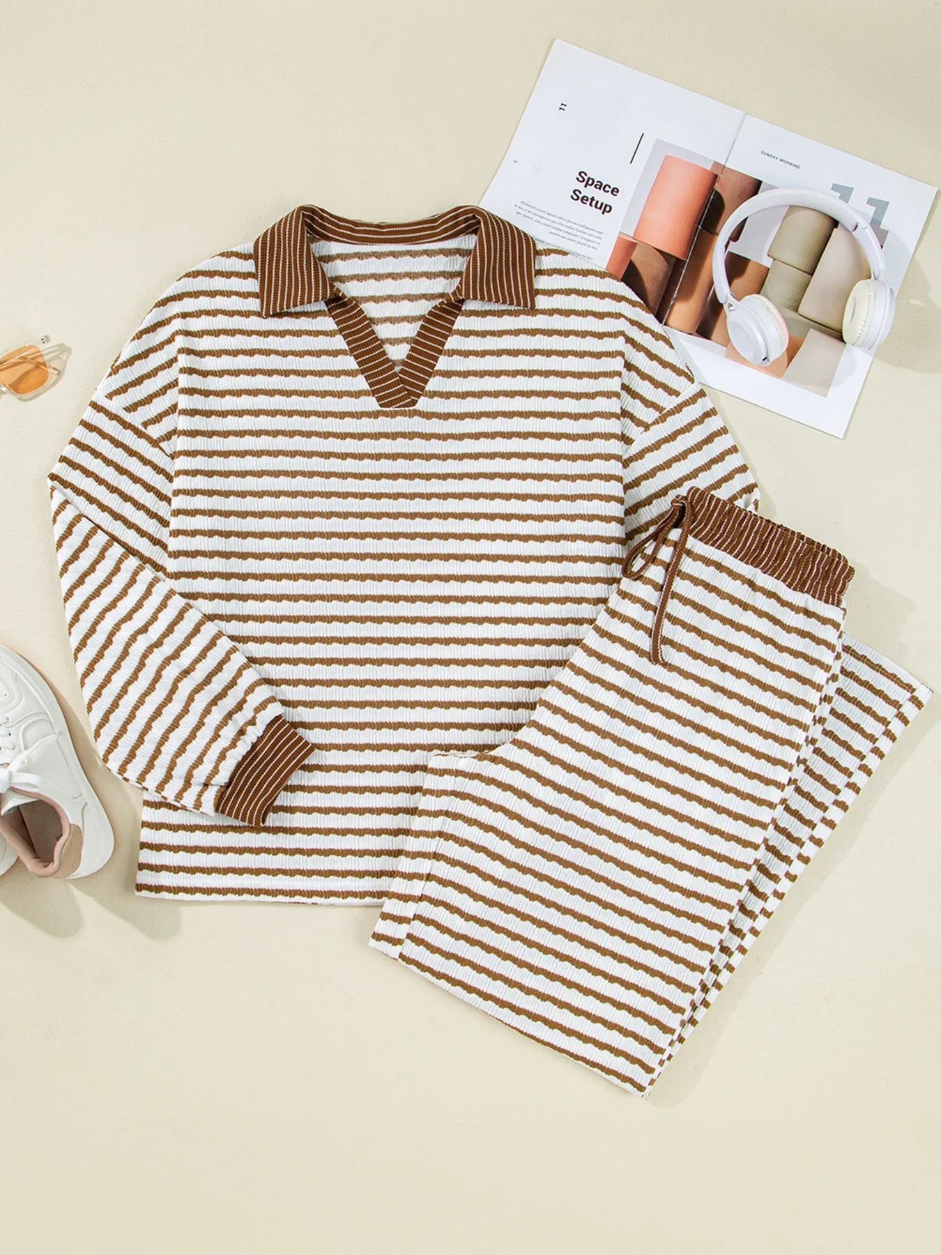 Stripe Collared Top and Drawstring Pant Set free shipping -Oh Em Gee Boutique