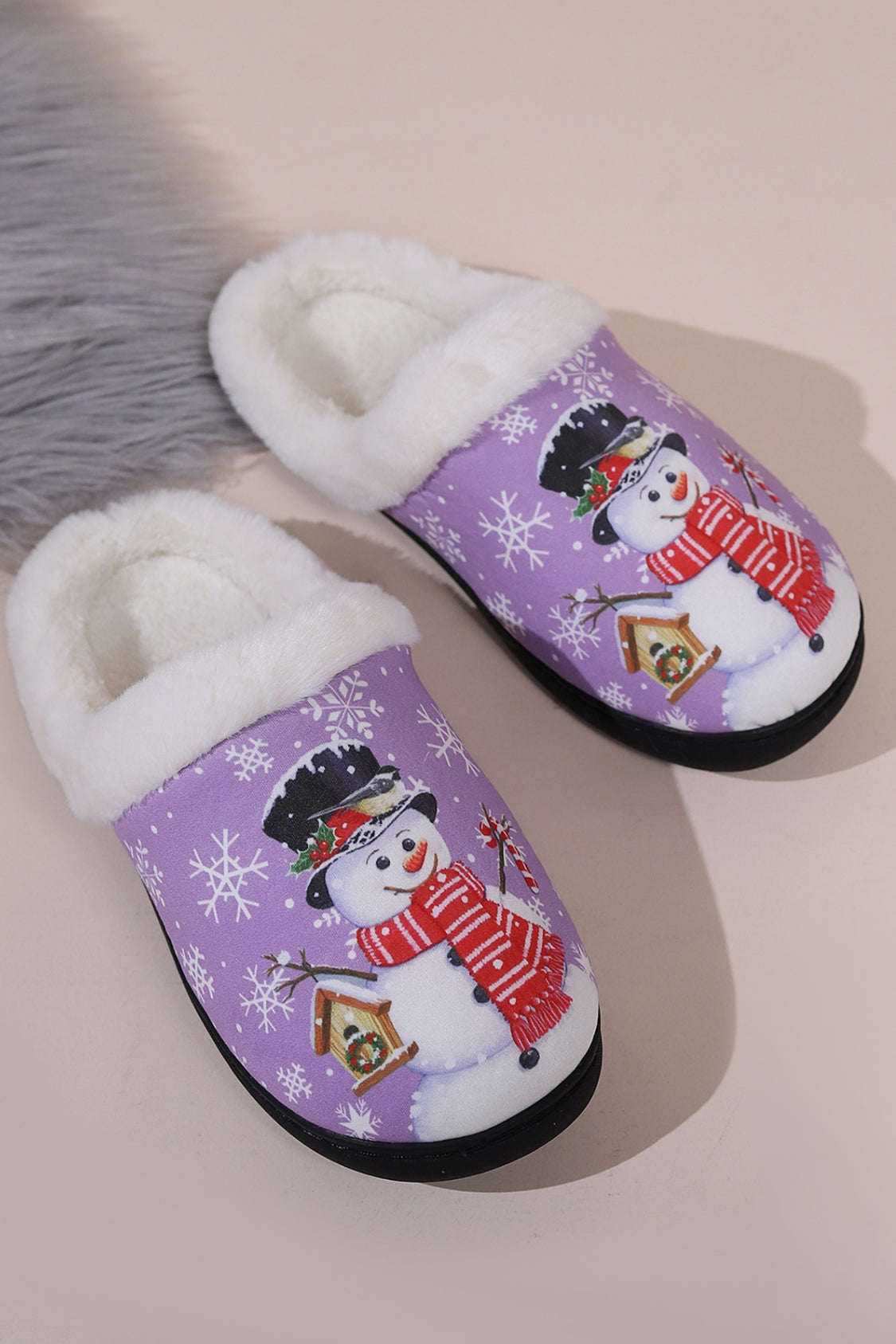 Snowman Round Toe Faux Fur Slippers free shipping -Oh Em Gee Boutique