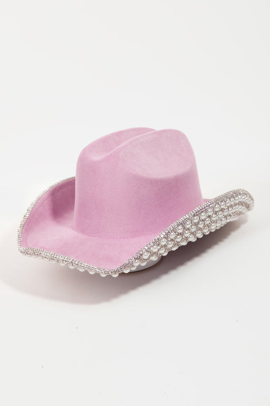 Fame Pave Rhinestone Pearl Trim Cowboy Hat free shipping -Oh Em Gee Boutique