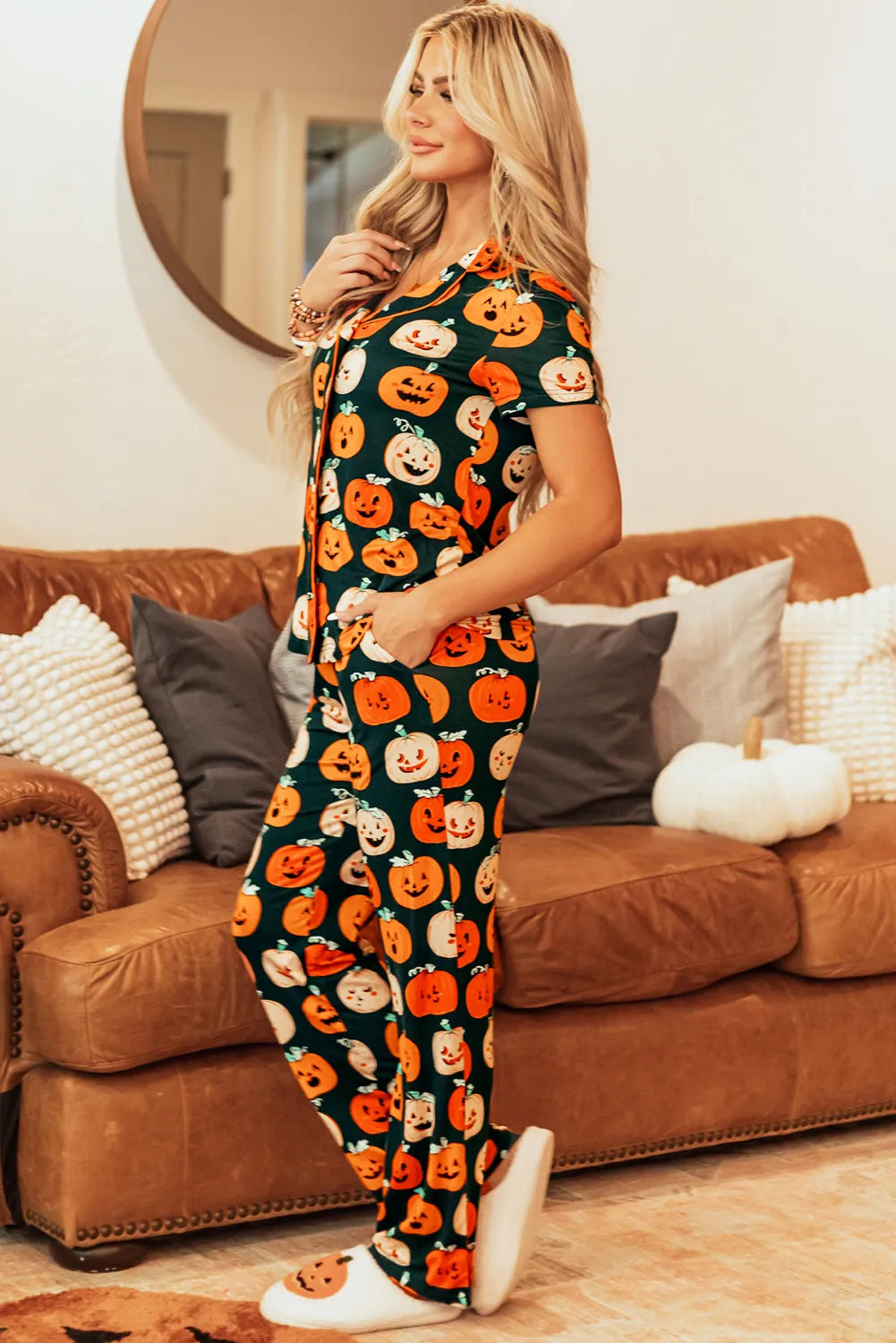 Pumpkin Printed Short Sleeve Top and Pants Lounge Set free shipping -Oh Em Gee Boutique