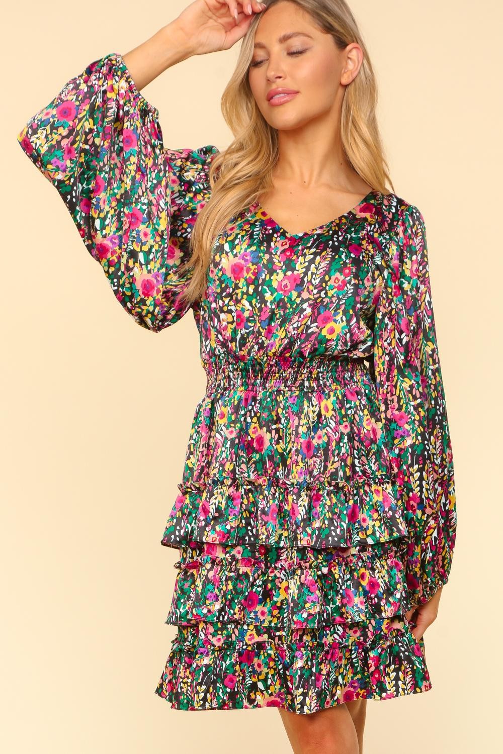 Haptics V-Neck Satin Floral Layered Dress free shipping -Oh Em Gee Boutique