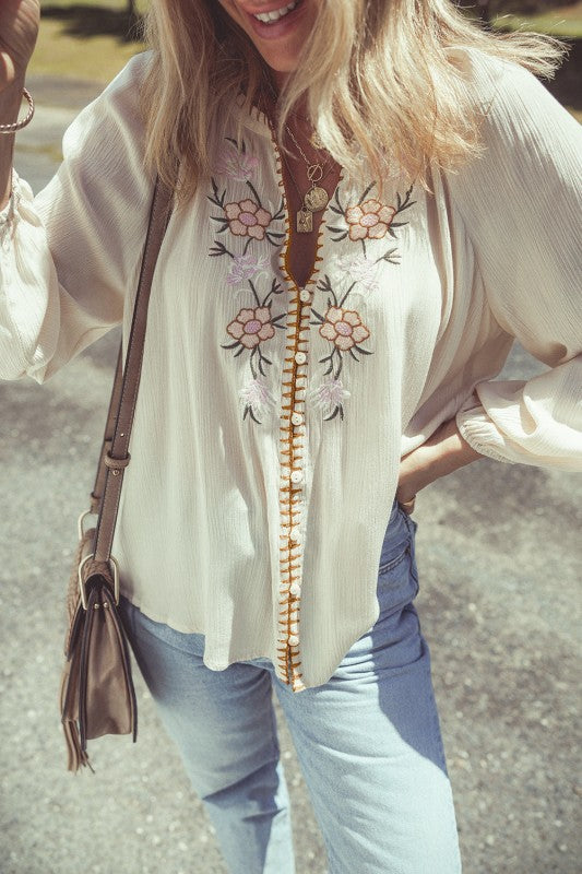 Floral Embroidered Textured Puff Sleeve Shirt free shipping -Oh Em Gee Boutique
