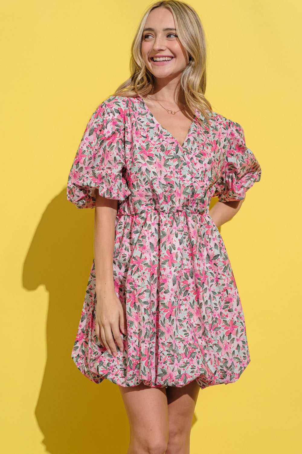 And The Why Full Size Floral Surplice Puff Sleeve Dress free shipping -Oh Em Gee Boutique