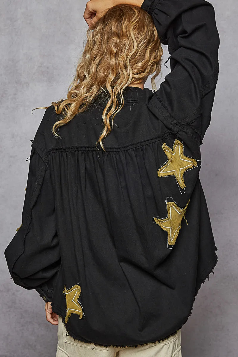 POL Star Patch Raw Hem Button Up Denim Jacket free shipping -Oh Em Gee Boutique