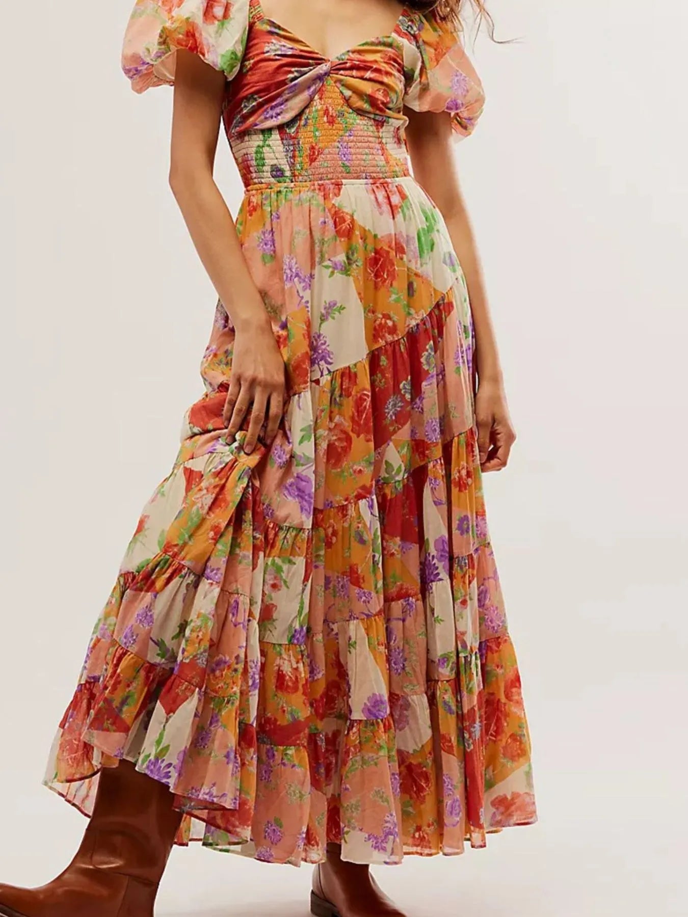 Printed Sweetheart Neck Puff Sleeve Maxi Dress free shipping -Oh Em Gee Boutique