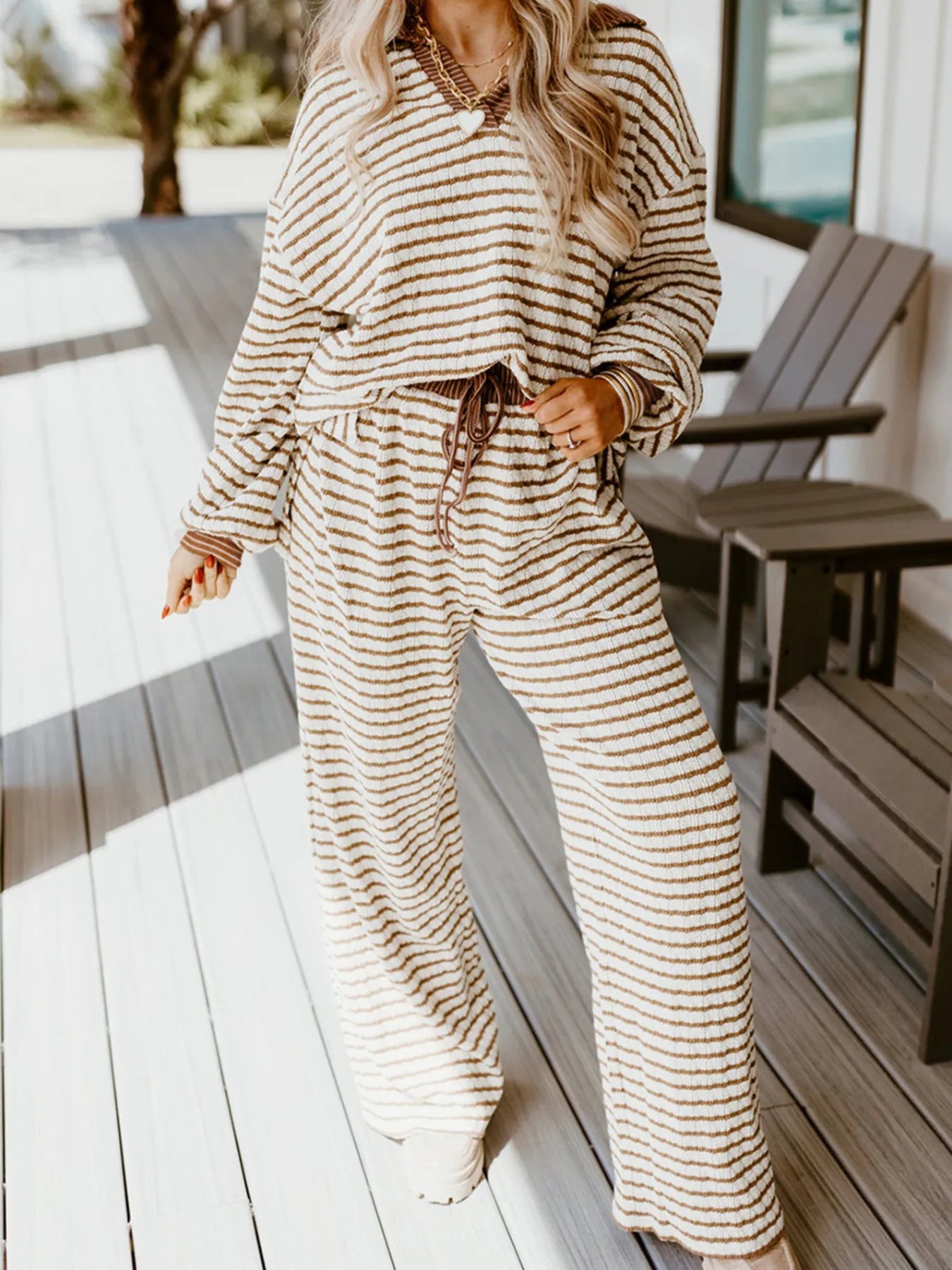 Stripe Collared Top and Drawstring Pant Set free shipping -Oh Em Gee Boutique