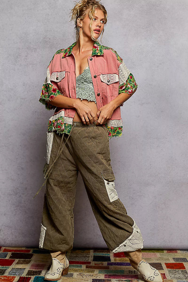POL Lace Patch Floral Half Sleeve Shacket free shipping -Oh Em Gee Boutique