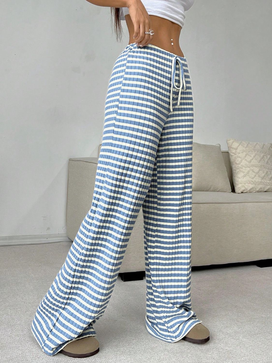 Tied Striped Wide Leg Pants free shipping -Oh Em Gee Boutique