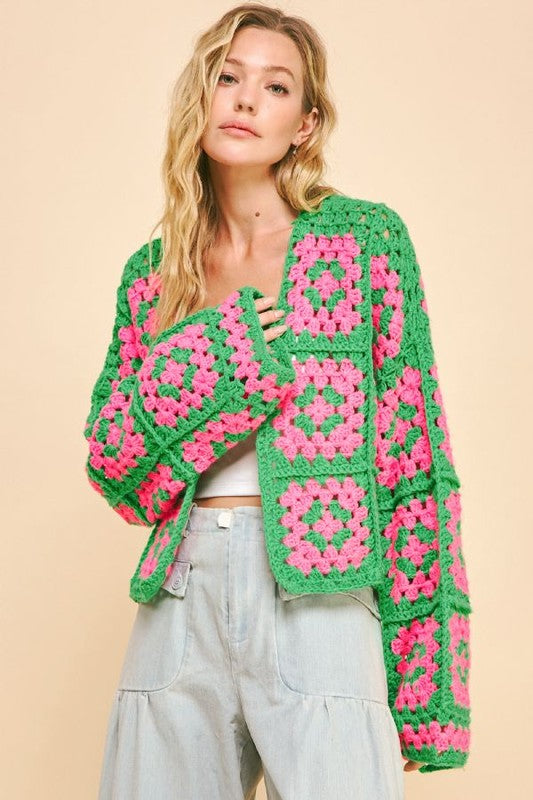 Davi & Dani Full Size Two Tone Flower Square Crochet Open Front Cardigan free shipping -Oh Em Gee Boutique