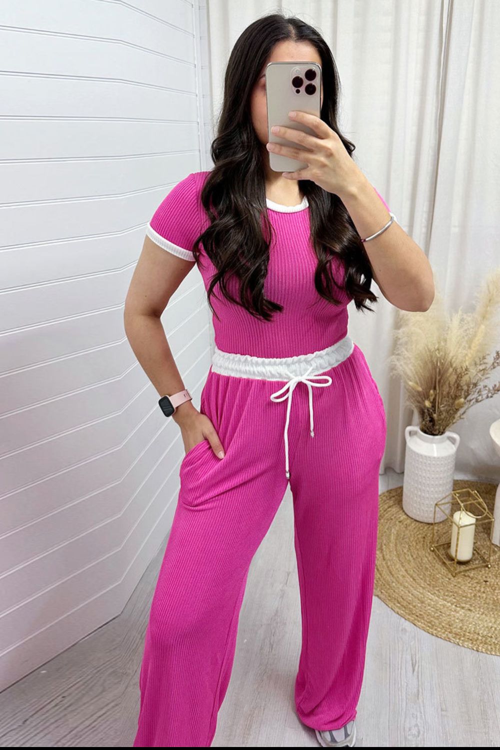 Contrast Trim Round Neck Top and Pants Set free shipping -Oh Em Gee Boutique