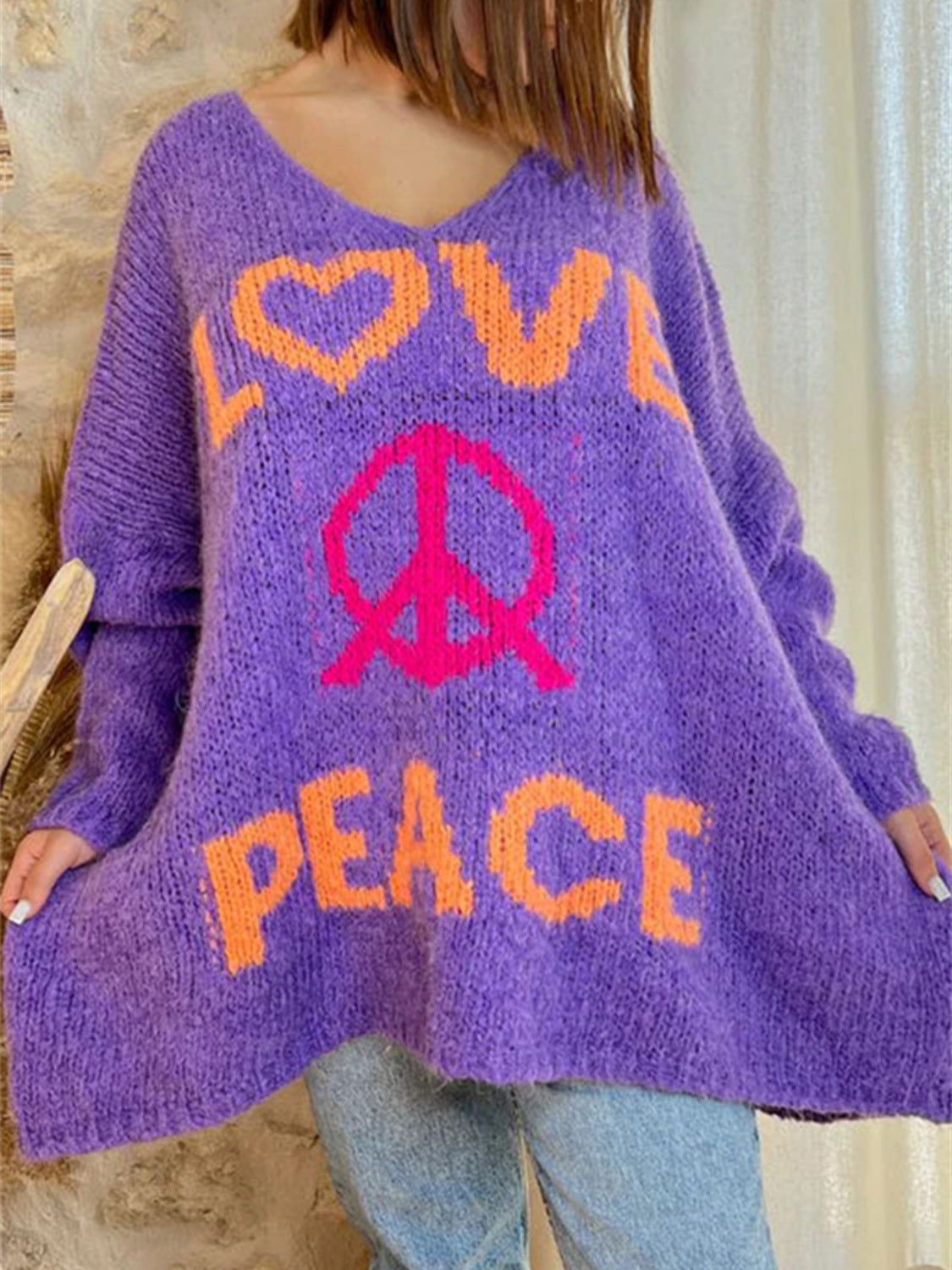 Peace Graphic V-Neck Long Sleeve Sweater free shipping -Oh Em Gee Boutique