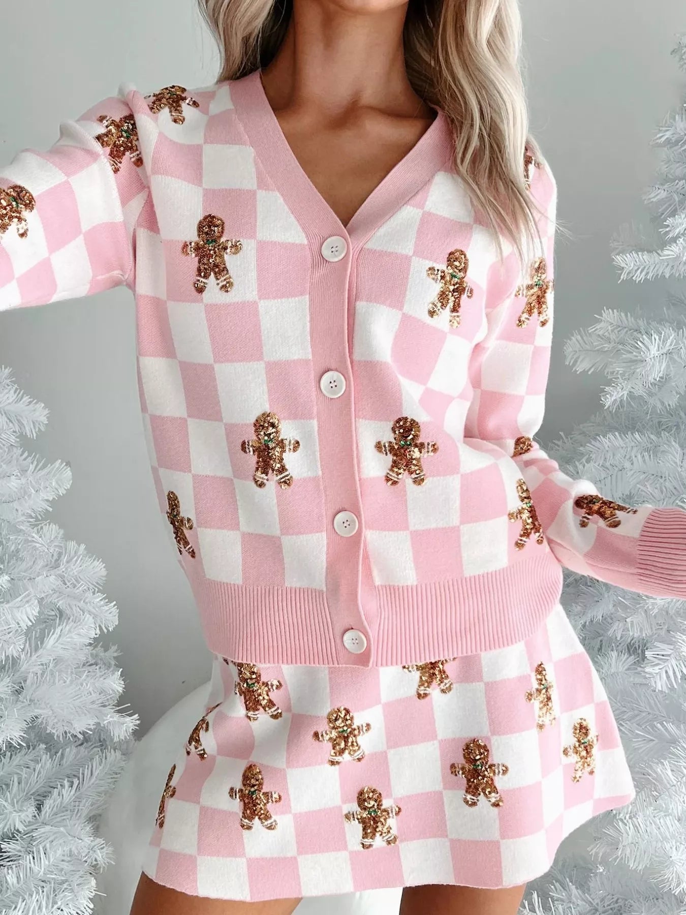 Gingerbread Checkered Cardigan and Skirt Sweater Set free shipping -Oh Em Gee Boutique
