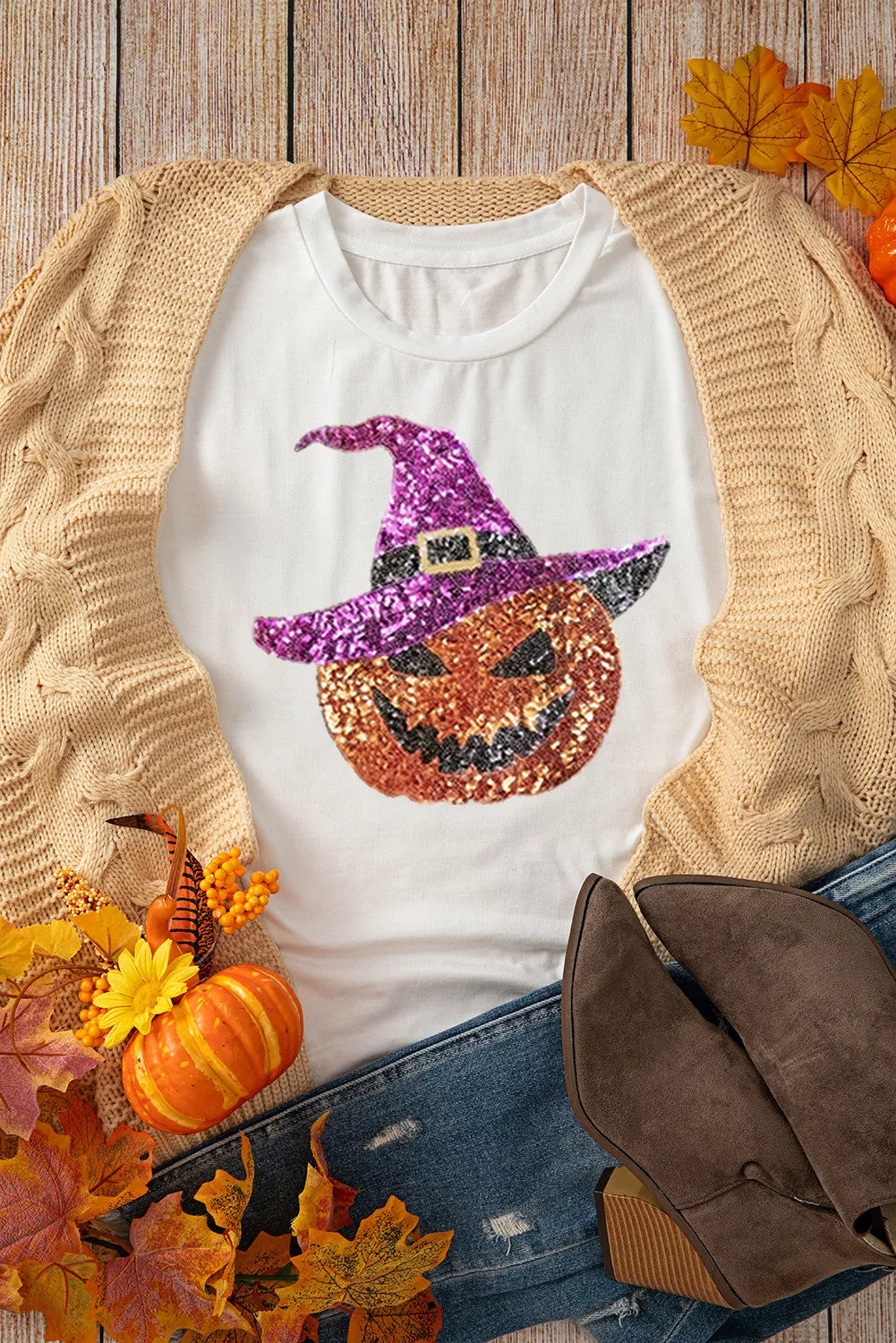 Sequin Pumpkin Round Neck Short Sleeve T-Shirt free shipping -Oh Em Gee Boutique