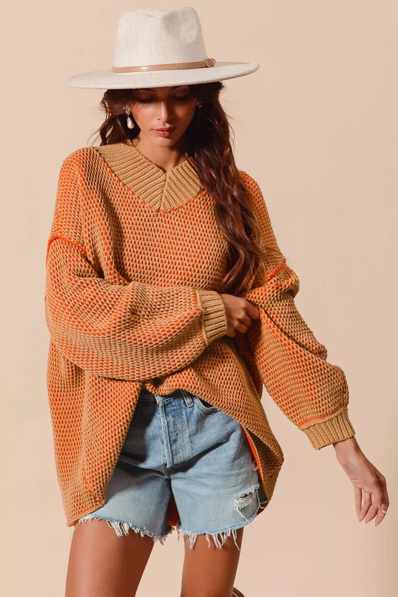 SO ME Oversized Two Tone Textured V Neck Sweater free shipping -Oh Em Gee Boutique