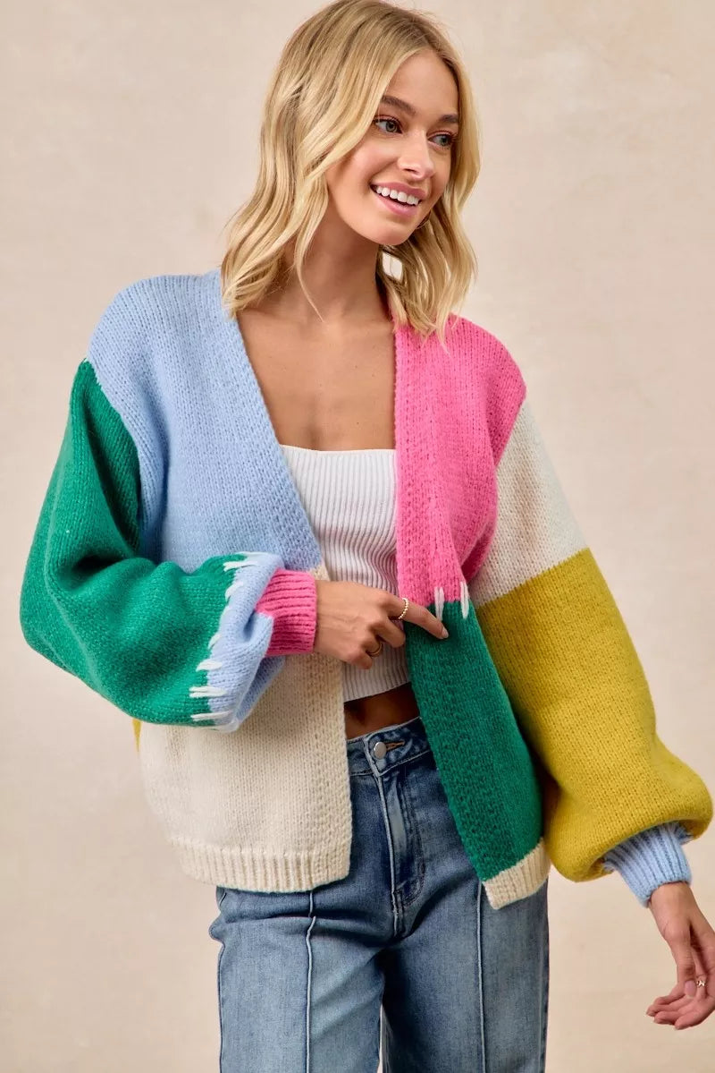 BiBi Color Block Open Front Sweater Cardigan free shipping -Oh Em Gee Boutique