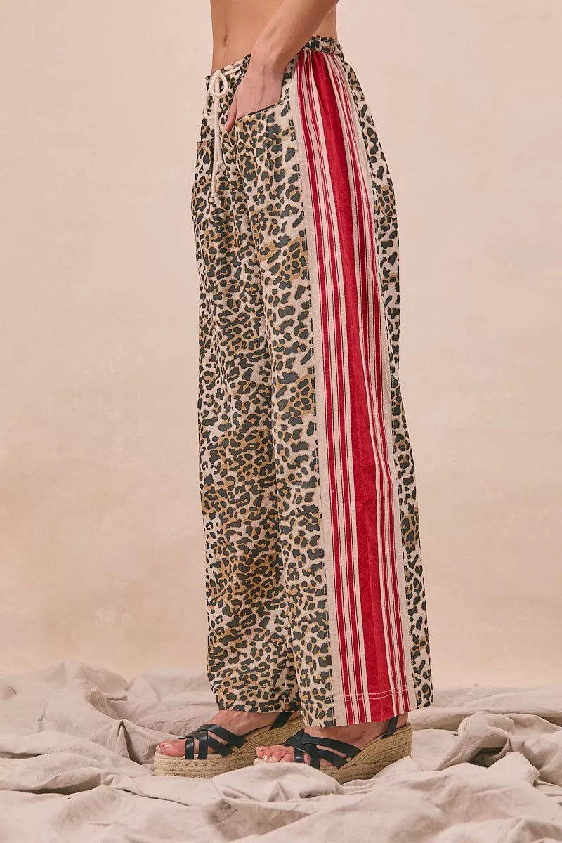 BiBi Leopard Print Pants with Side Contrast and Tucking Welt Pockets free shipping -Oh Em Gee Boutique