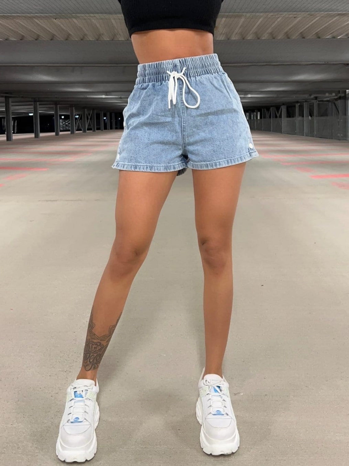 Drawstring High Waist Denim Shorts free shipping -Oh Em Gee Boutique