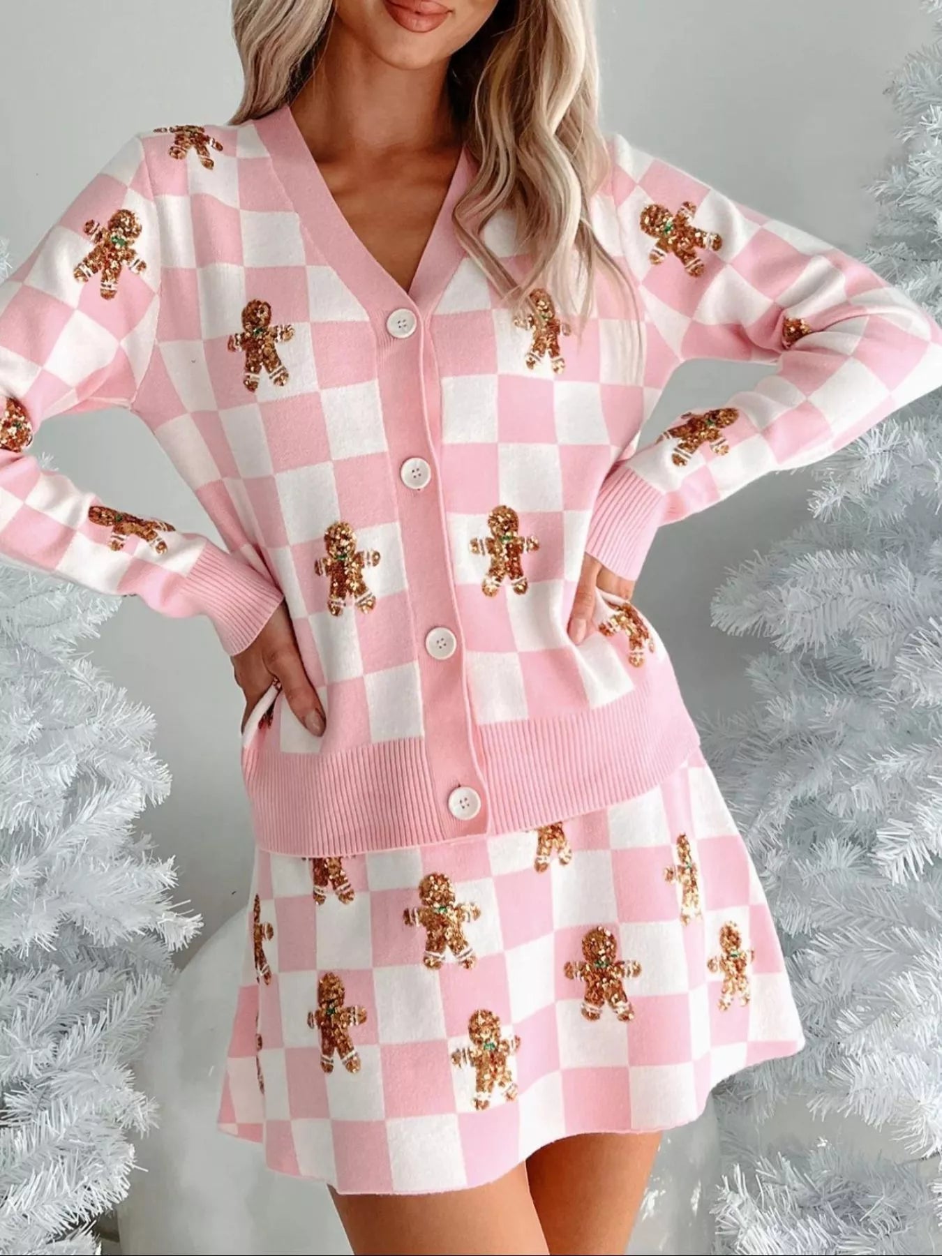 Gingerbread Checkered Cardigan and Skirt Sweater Set free shipping -Oh Em Gee Boutique