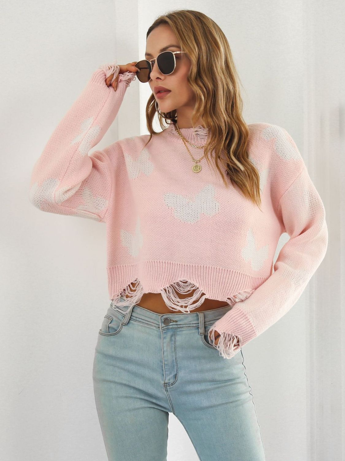 Distressed Butterfly Cropped Sweater free shipping -Oh Em Gee Boutique