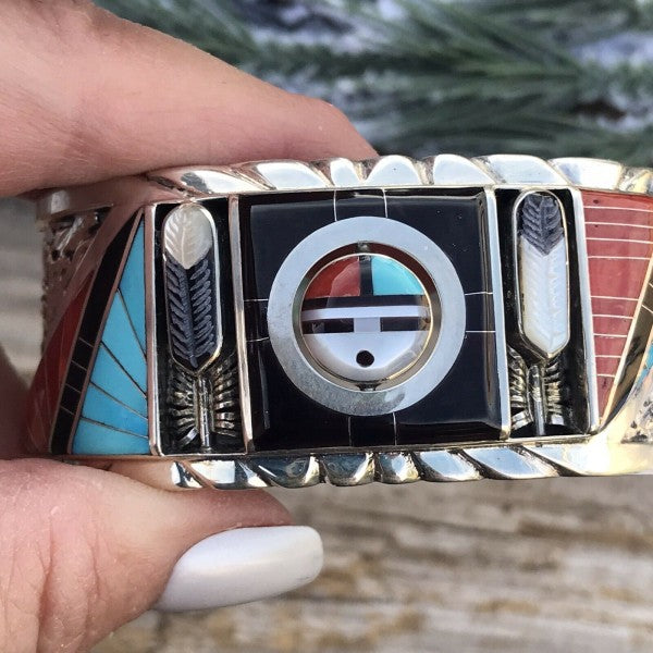 Don Dewa Zuni Sterling Silver Multi-stone SunFace Cuff Bracelet free shipping -Oh Em Gee Boutique