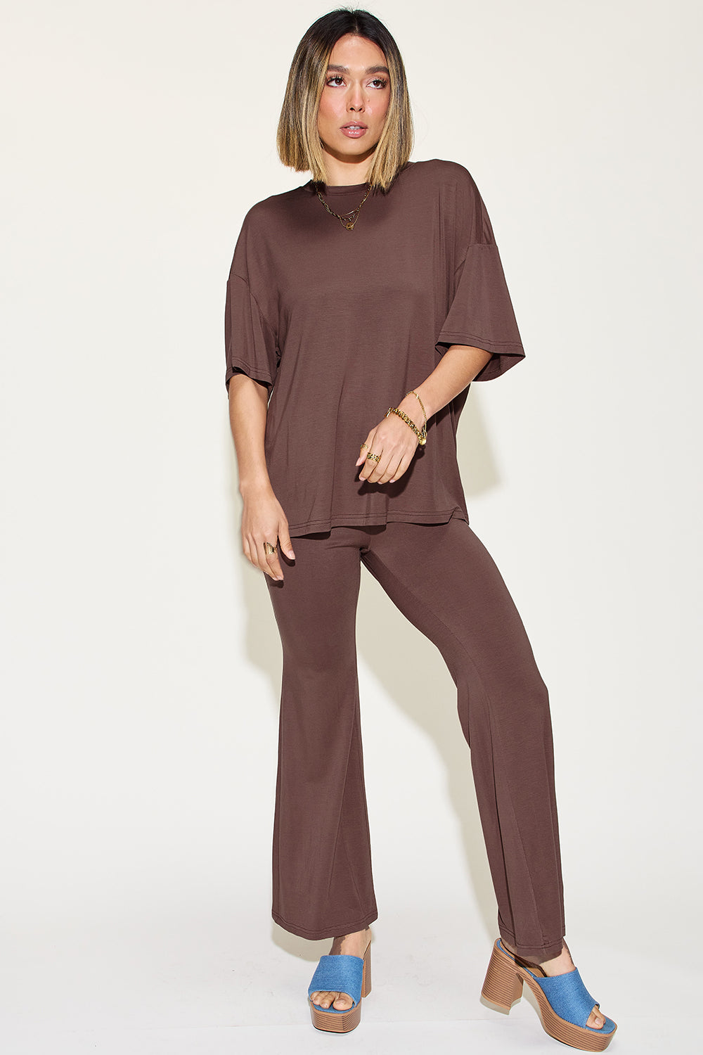 Basic Bae Full Size Bamboo Drop Shoulder T-Shirt and Flare Pants Set free shipping -Oh Em Gee Boutique