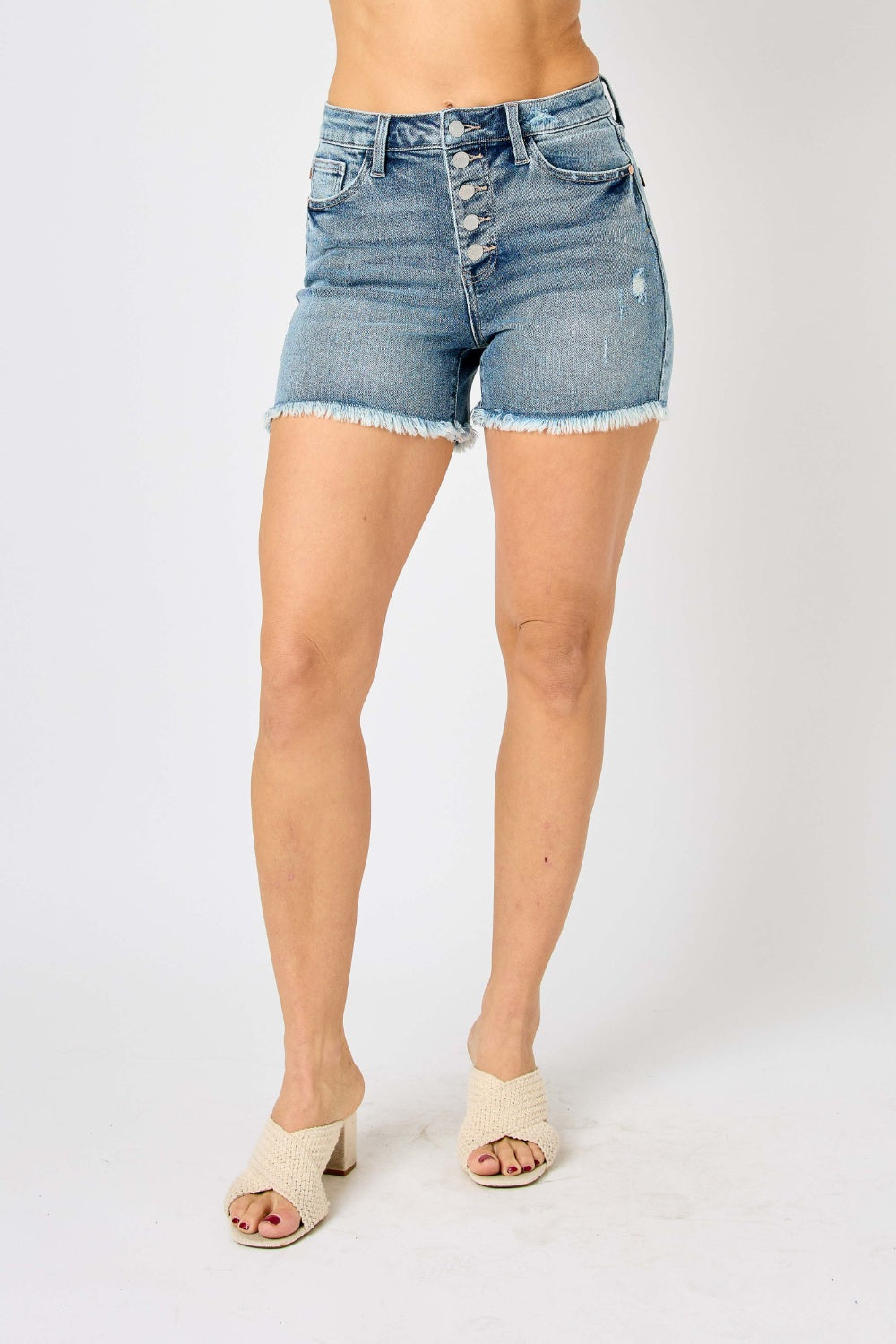 Judy Blue Full Size Button Fly Raw Hem Denim Shorts free shipping -Oh Em Gee Boutique