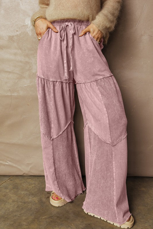 Mineral Wash Patchwork Tiered Wide Leg Pants free shipping -Oh Em Gee Boutique
